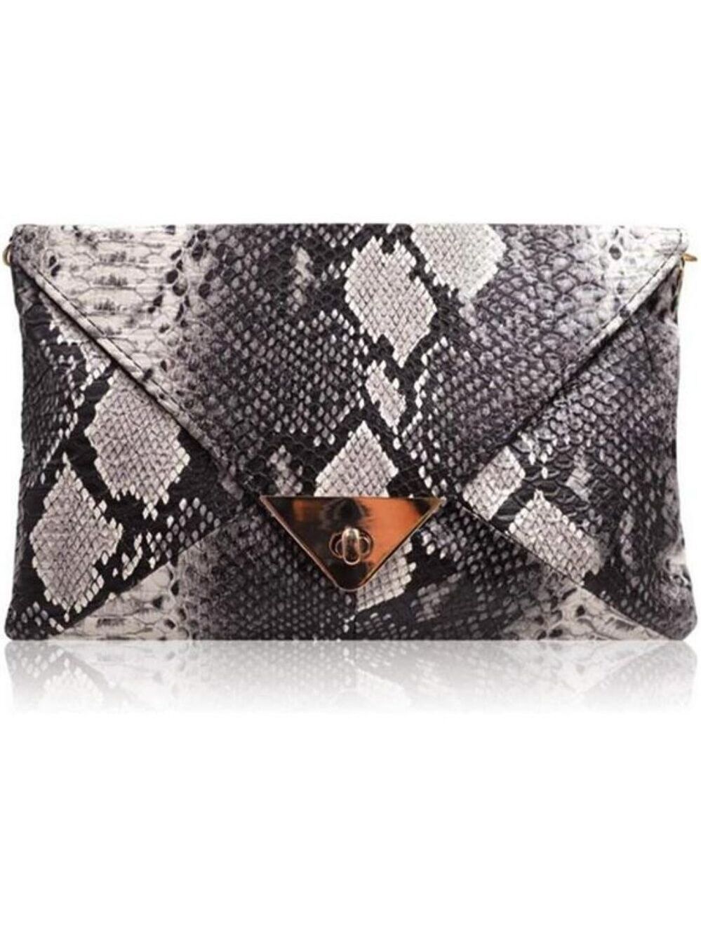 Black Snakeskin Envelope Clutch Purse Evening Crossbody Bag Faux Leather
